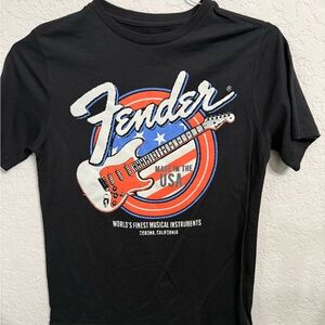 Fender Black Tee with Red and Blue Guitar Design